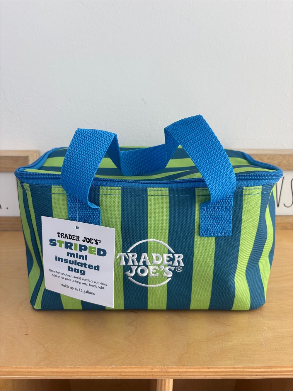 Trader Joe's Striped Mini Insulated Bag - Blue & Lime Green NWT